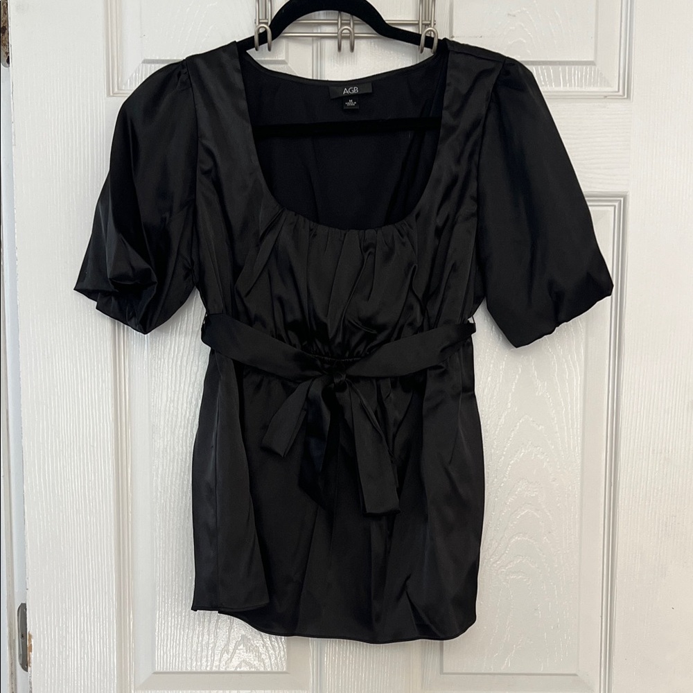 AGB Black Satin Blouse with Tie Waist